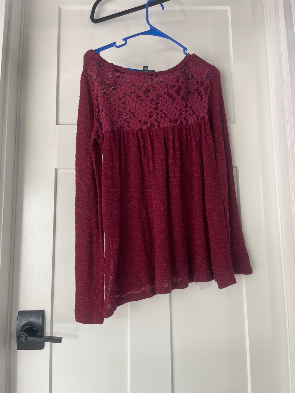 American Eagle Outfitters Burgundy Lace Yoke Long Sleeve Top